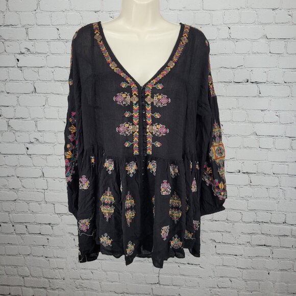 Free People Black Embroidered Long Balloon Sleeve Boho Tunic Top Blouse XS - Picture 1 of 13